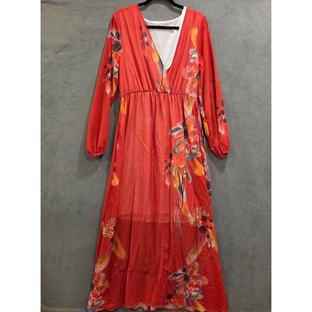 Faux Wrap Floral‎ Maxi Dress Women 3XL Sheer Boho Romantic Fairy Party Flowy